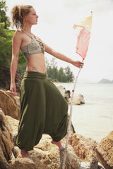 Fleece Lined Harem Pants - Plain - Green