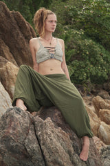 Fleece Lined Harem Pants - Plain - Green