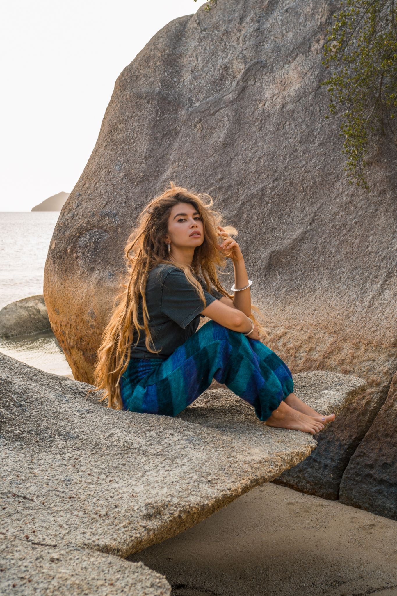 Warm High Crotch Harem Pants - Cashmilon Striped - Blue/Teal