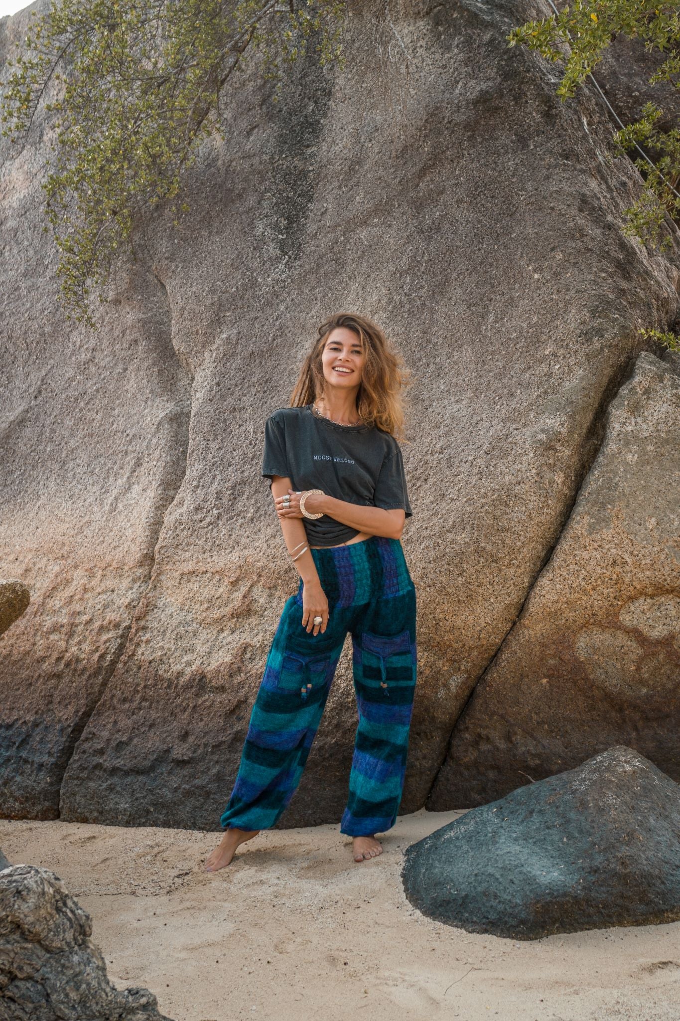 Warm High Crotch Harem Pants - Cashmilon Striped - Blue/Teal