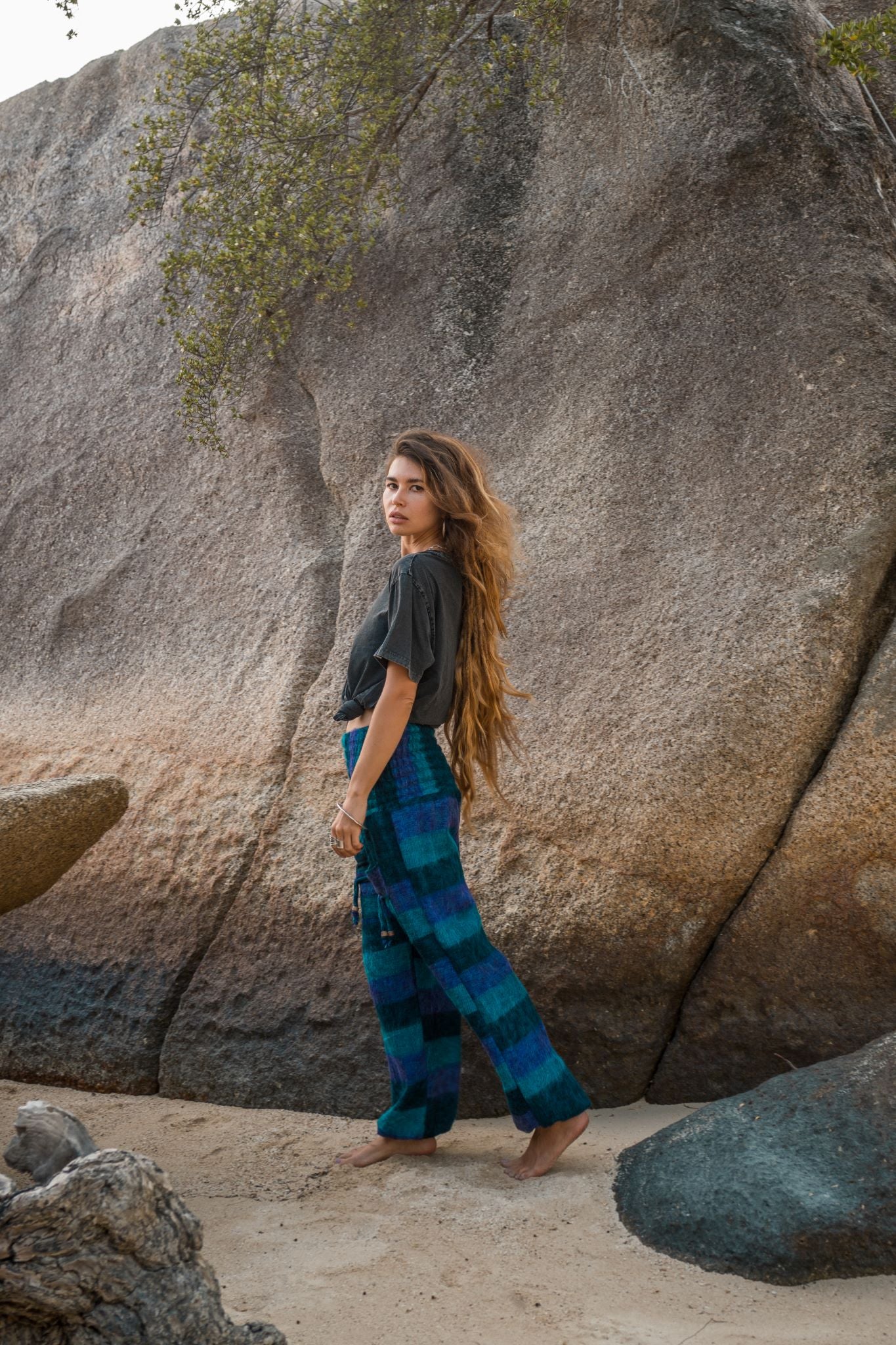 Warm High Crotch Harem Pants - Cashmilon Striped - Blue/Teal