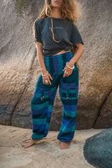 Warm High Crotch Harem Pants - Cashmilon Striped - Blue/Teal