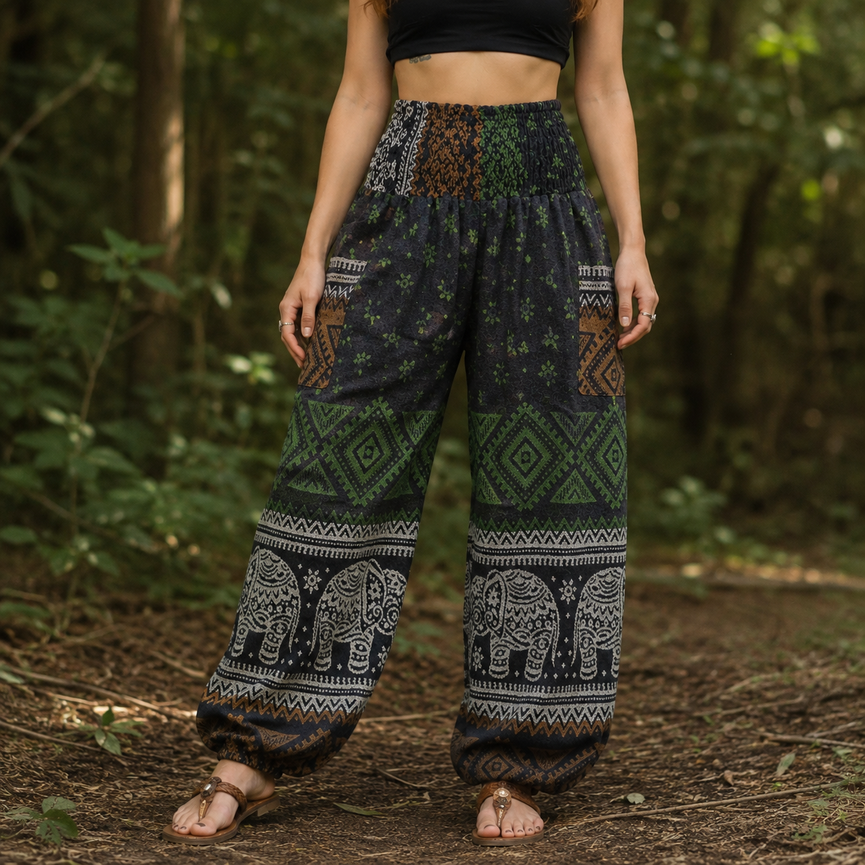 Elephant Print Warm Harem Blanket Pants with Pockets - Green
