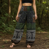 Elephant Print Warm Harem Blanket Pants with Pockets - Green