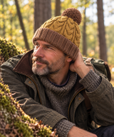 Mustard & Brown Chunky Cable Knit Wool Hat with Pom Pom - Fleece Lined