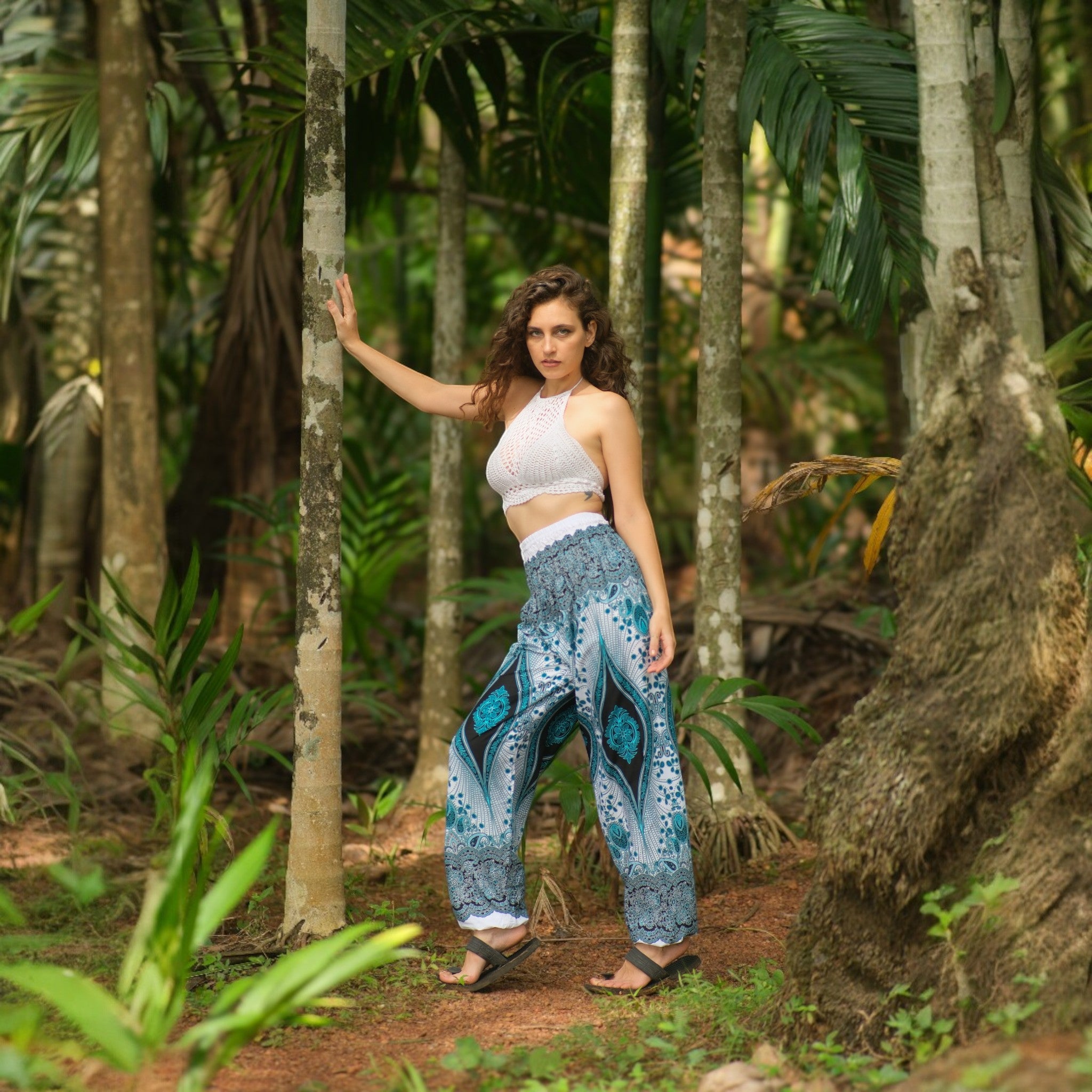 White Peacock Feather High Cut Harem Pants – Turquoise