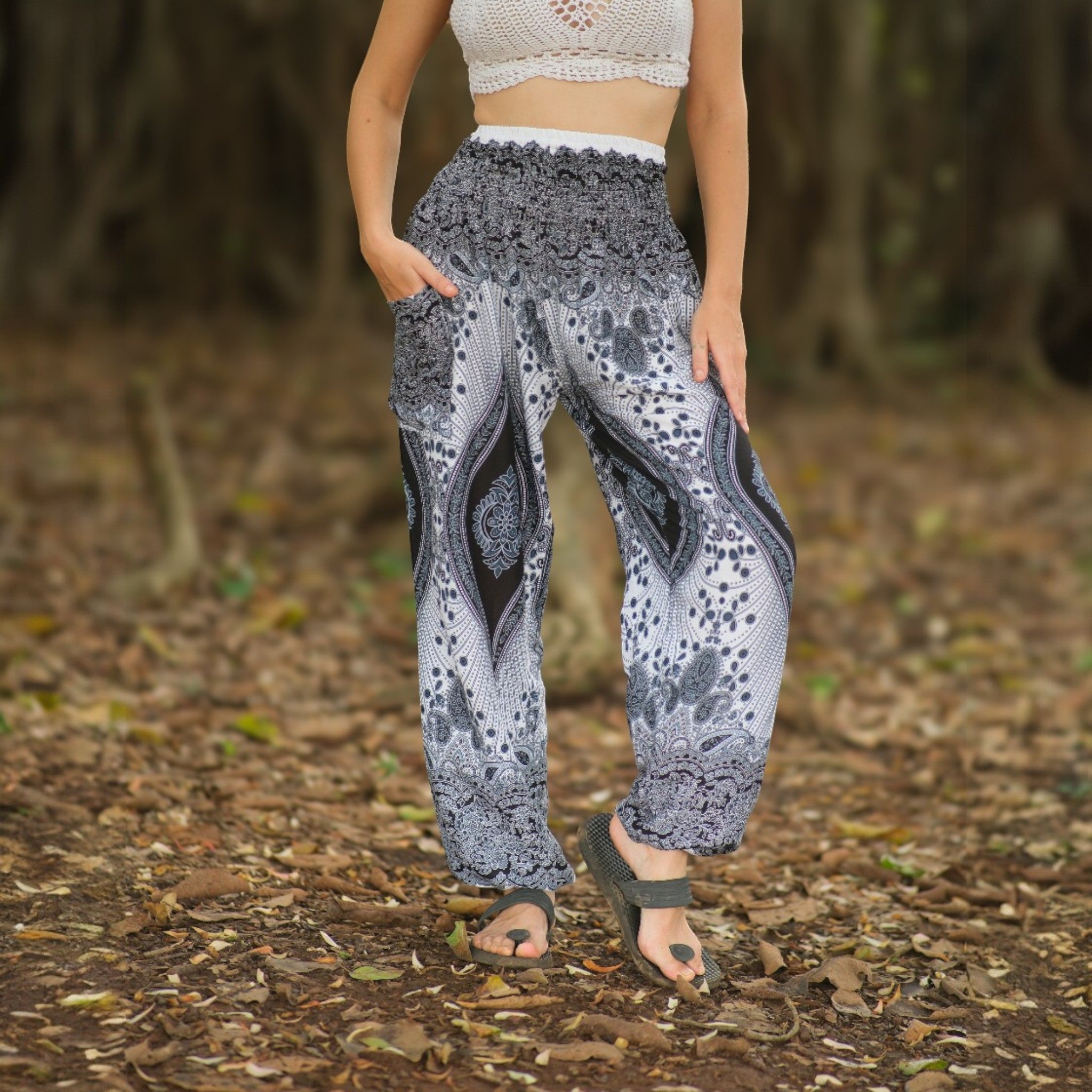 White Peacock Feather High Cut Harem Pants – Black