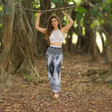 White Peacock Feather High Cut Harem Pants – Black