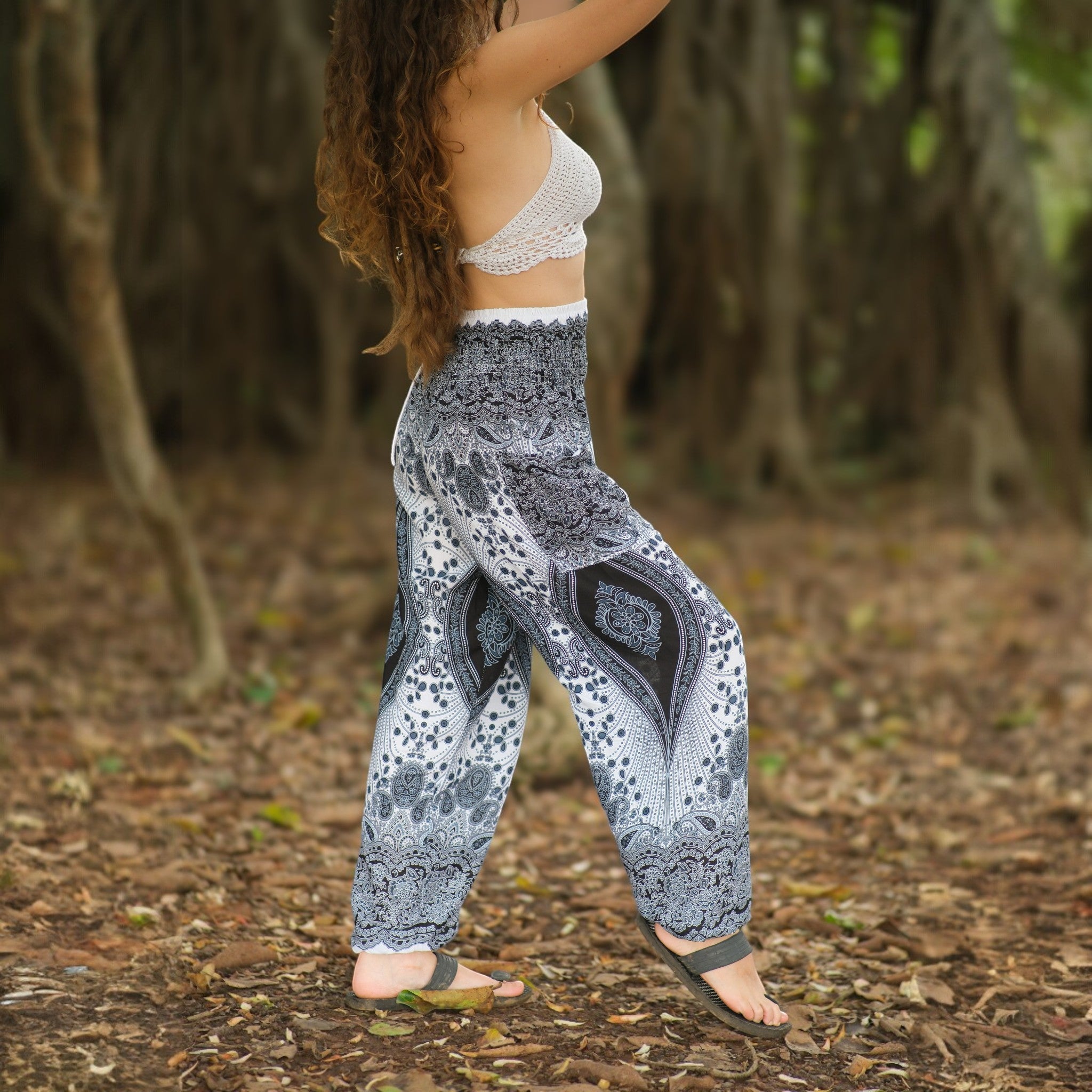 White Peacock Feather High Cut Harem Pants – Black