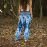 White Peacock Feather Standard Cut Harem Pants – Blue