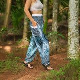 White Peacock Feather High Cut Harem Pants – Turquoise