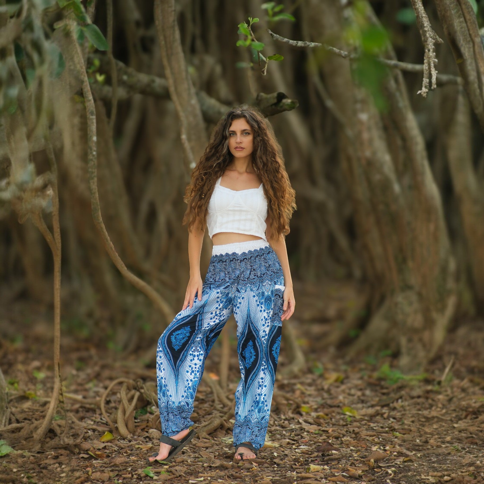 White Peacock Feather Standard Cut Harem Pants – Blue