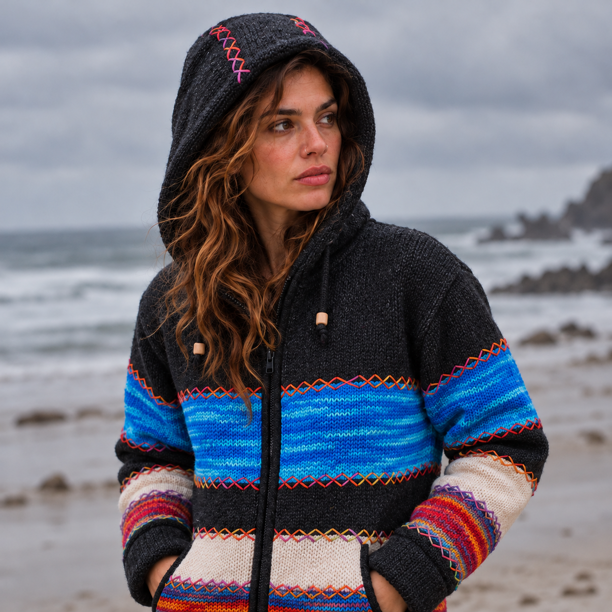 Detailed view of charcoal knitted wool and variegated turquoise and royal blue yarn with multicoloured decorative stitching.