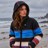 Detailed view of charcoal knitted wool and variegated turquoise and royal blue yarn with multicoloured decorative stitching.