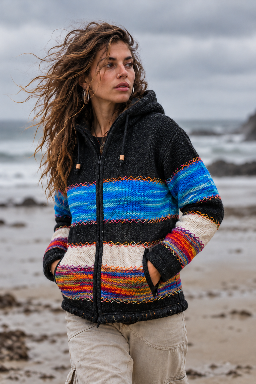 Woman wearing a charcoal and blue rainbow wool jacket with brown cargo trousers and walking boots in the Lake District.