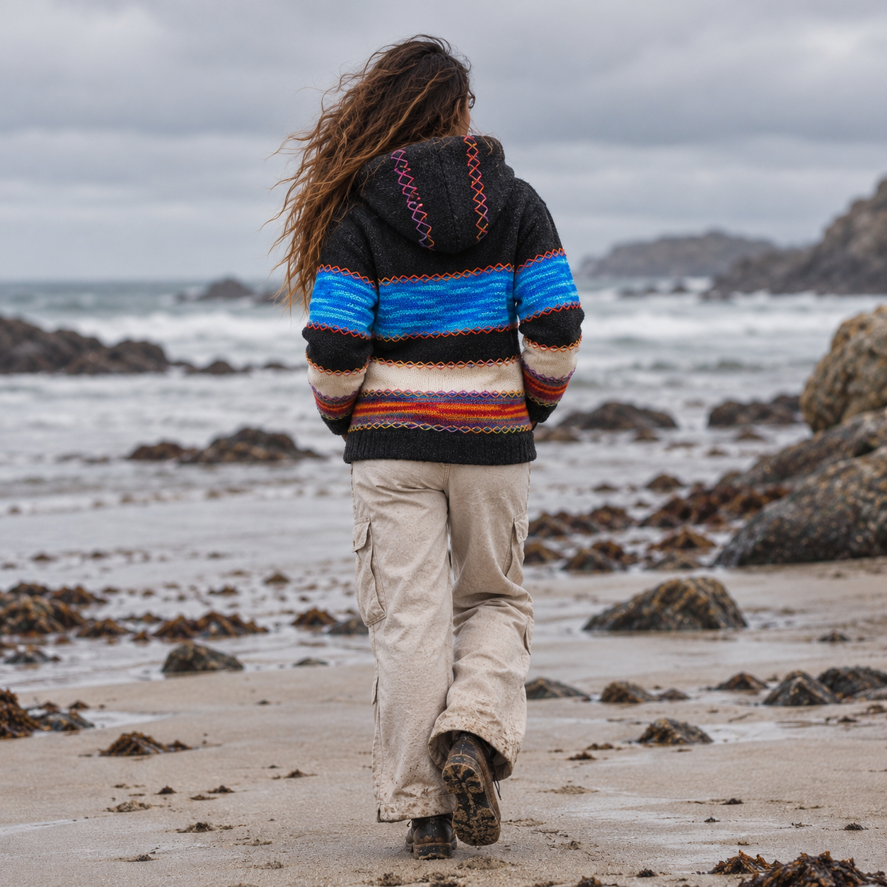 woman from behind wearing a chunky knit hoodie with deep pockets and a warm fleece lining which is handmade in Nepal