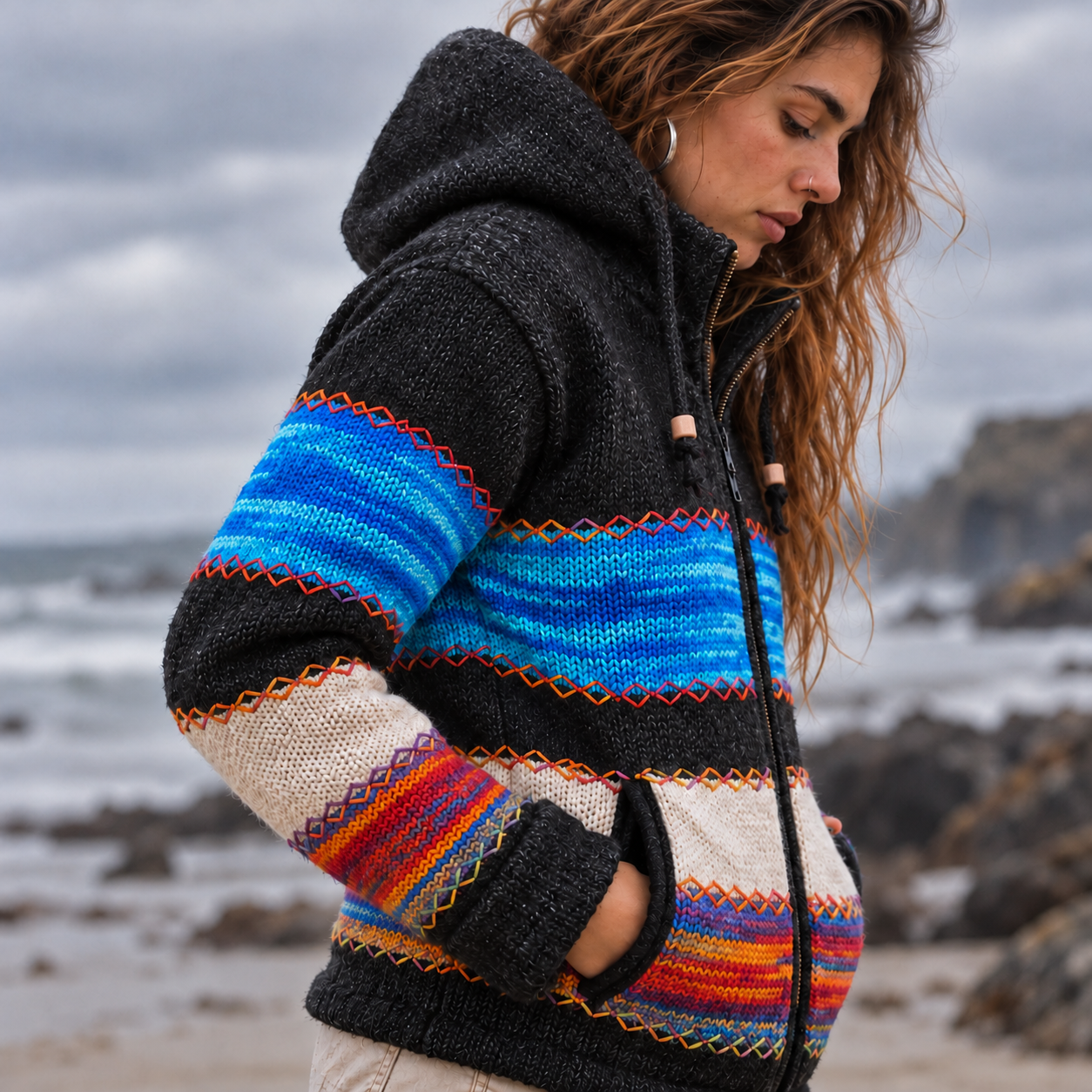 Close-up of women's charcoal wool jacket showing blue variegated knitting, cream panels, colourful hand stitching and zipped pockets.