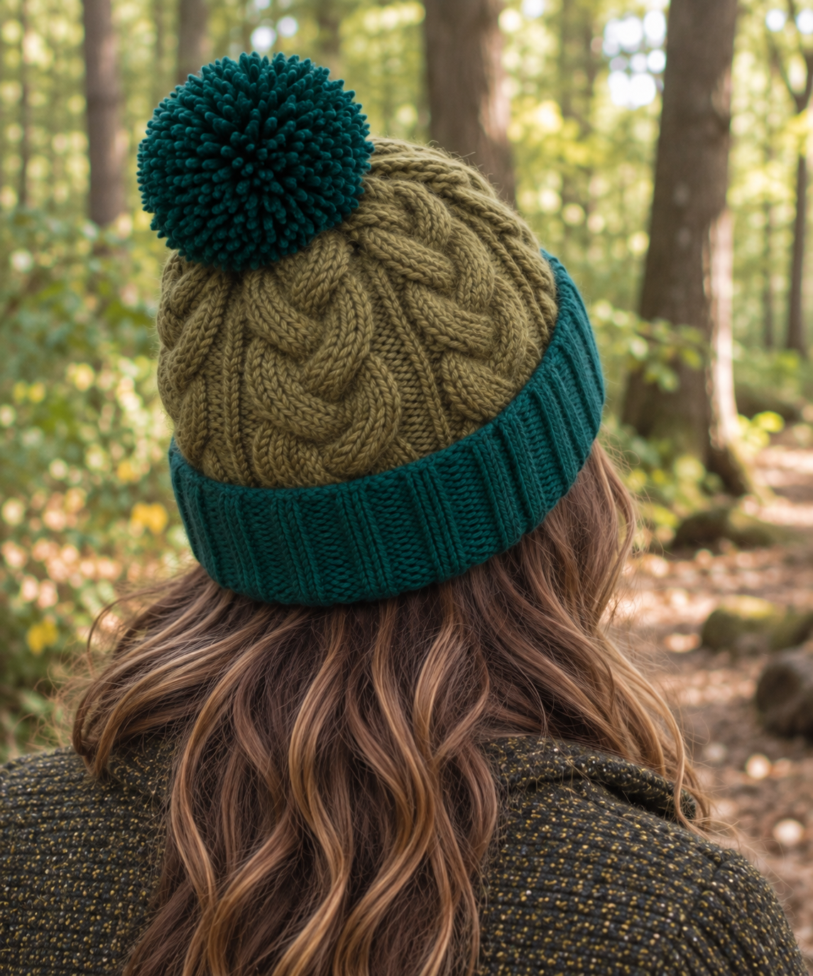 Green Chunky Cable Knit Wool Hat with Pom Pom - Fleece Lined
