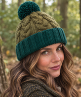 Green Chunky Cable Knit Wool Hat with Pom Pom - Fleece Lined