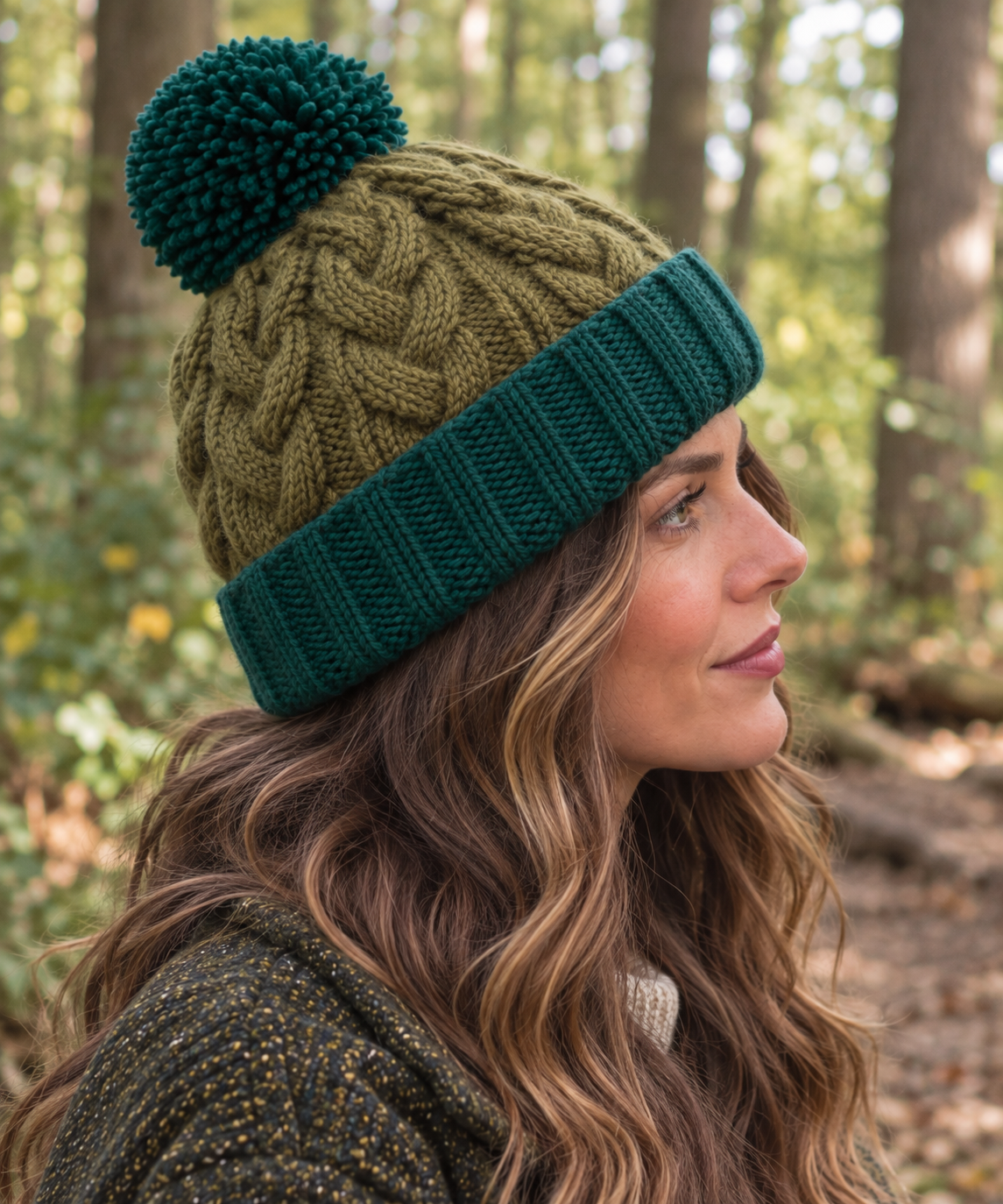 Green Chunky Cable Knit Wool Hat with Pom Pom - Fleece Lined