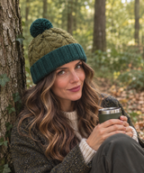 Green Chunky Cable Knit Wool Hat with Pom Pom - Fleece Lined
