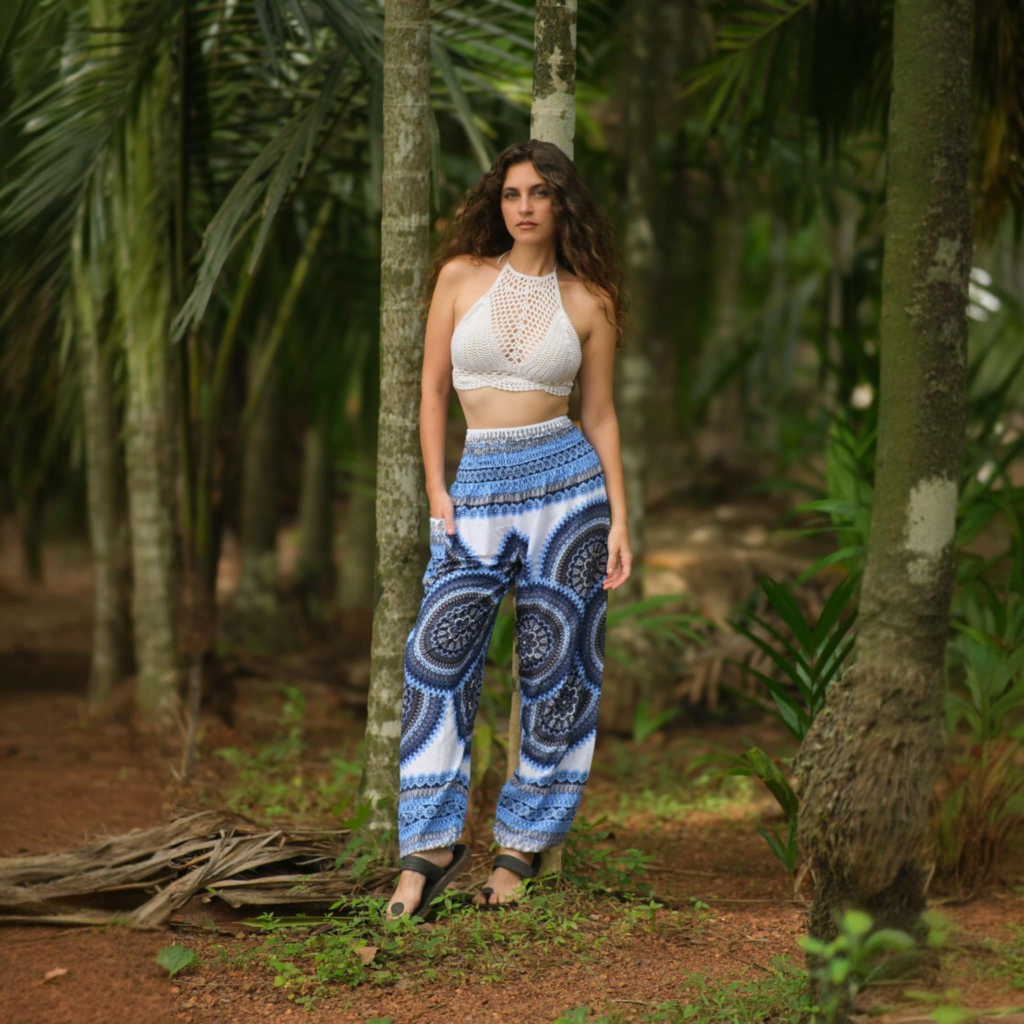 White Mandala High Cut Harem Pants - Blue
