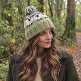 Sage Green Sheep Wool Hat with Pom Pom - Fleece Lined