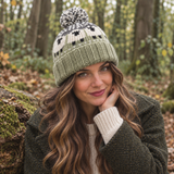 Sage Green Sheep Wool Hat with Pom Pom - Fleece Lined