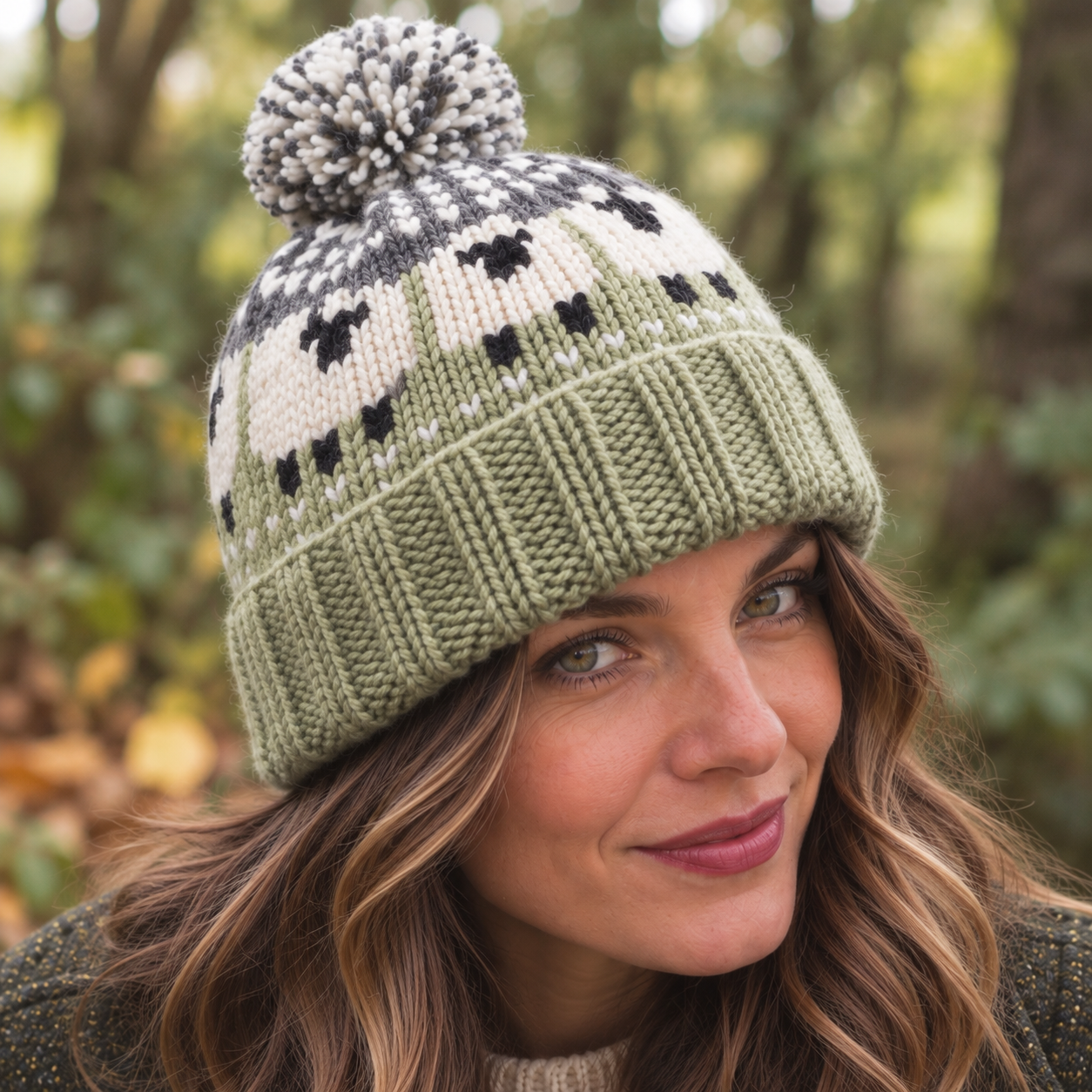 Sage Green Sheep Wool Hat with Pom Pom - Fleece Lined
