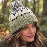 Sage Green Sheep Wool Hat with Pom Pom - Fleece Lined