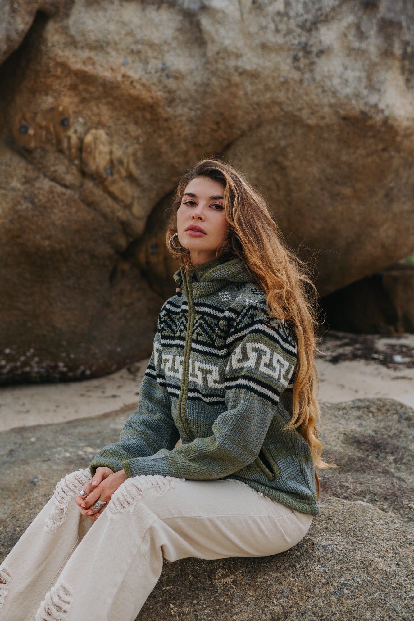 Wool Jacket - Aztec Pattern - Green & Grey