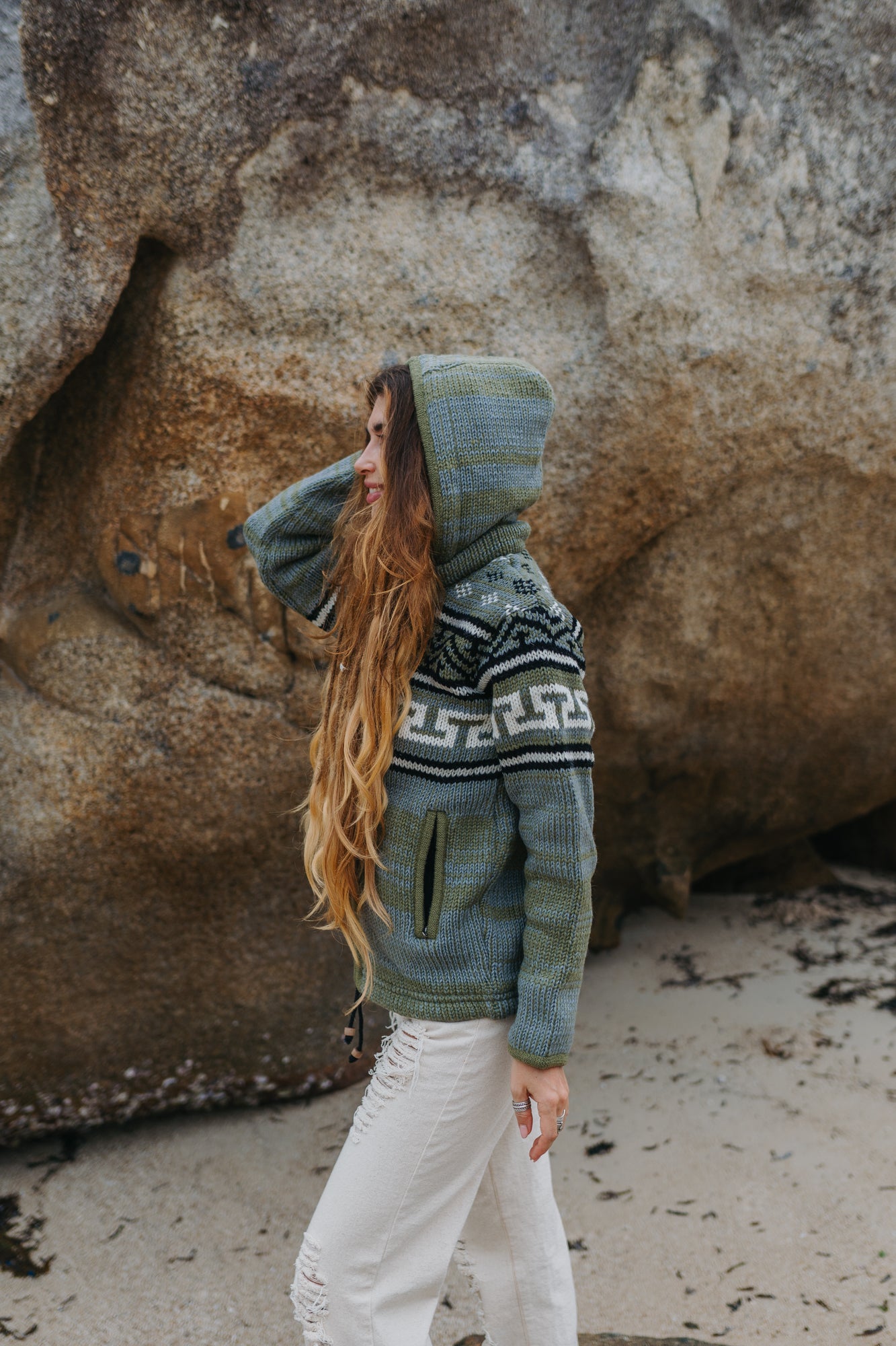 Wool Jacket - Aztec Pattern - Olive Green