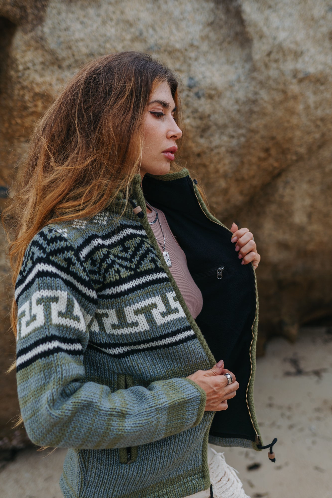 Wool Jacket - Aztec Pattern - Olive Green