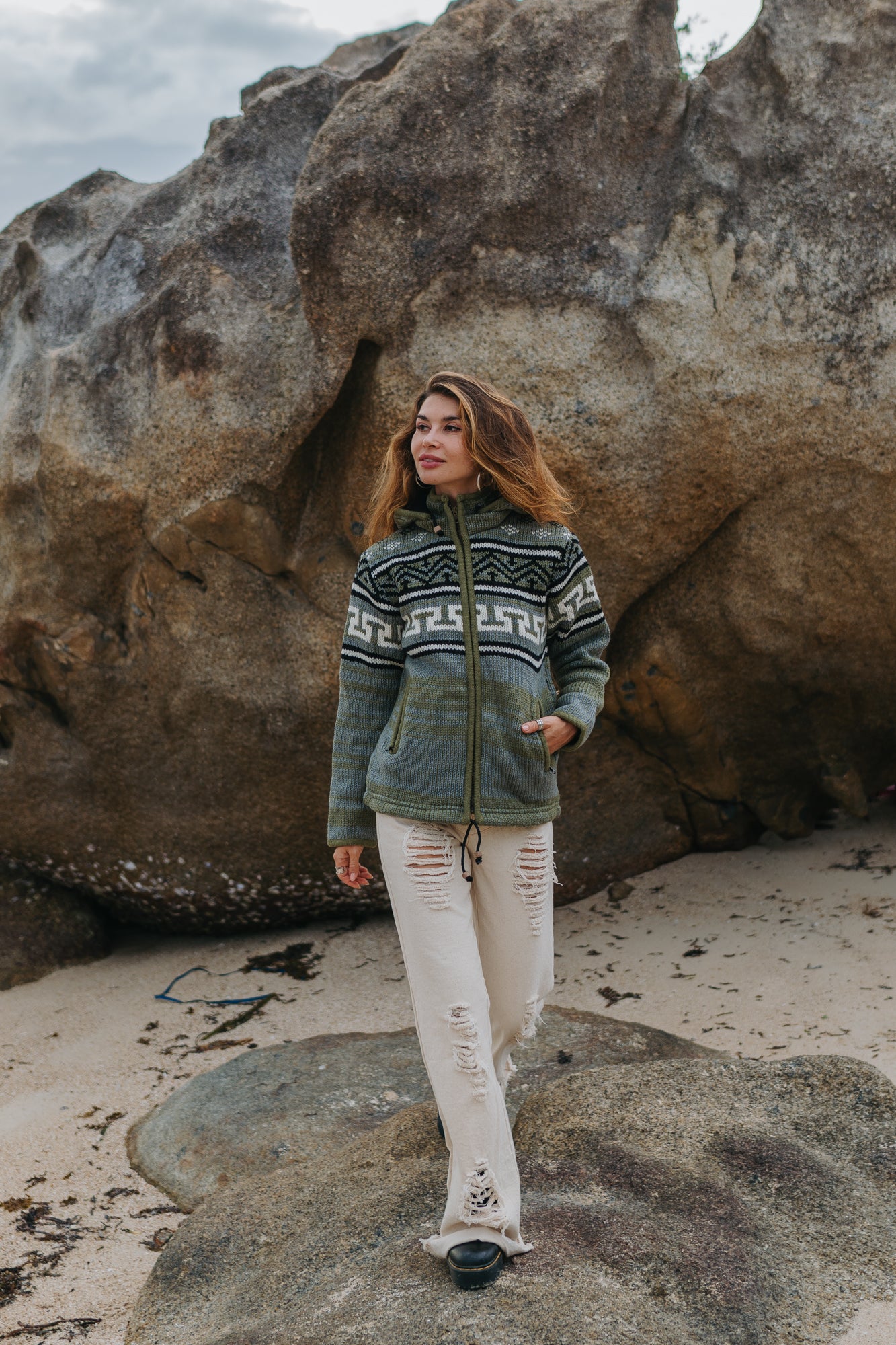 Wool Jacket - Aztec Pattern - Green & Grey