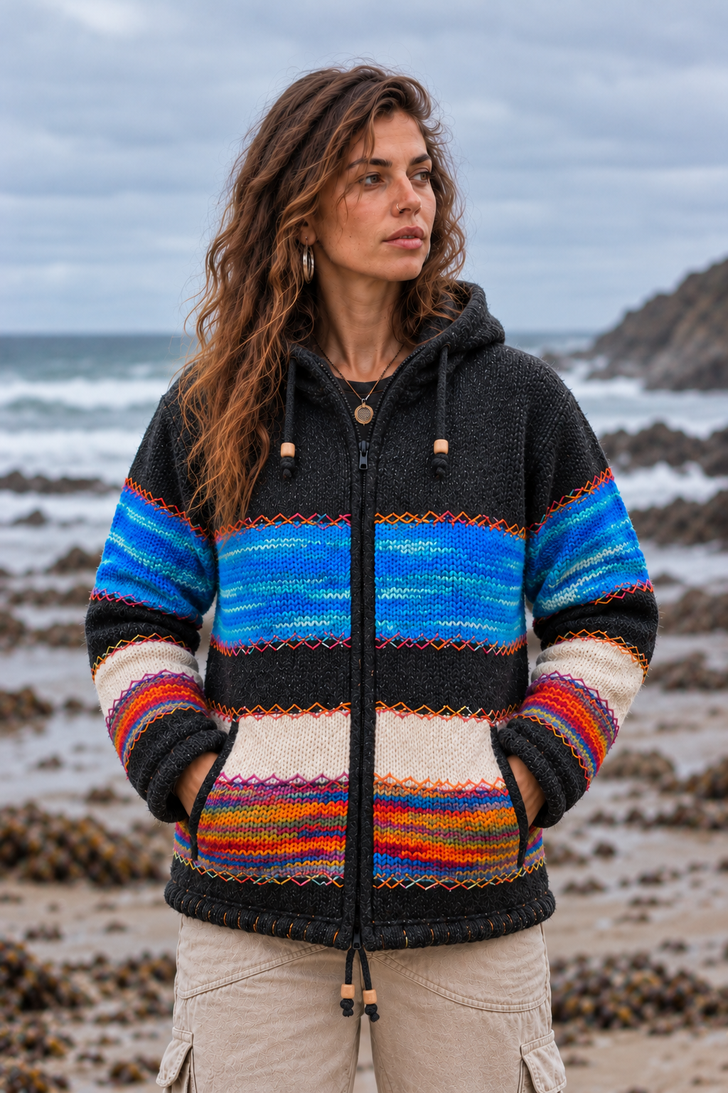 Woman weraing a knitted woolen hooded jacket with a vibrant blue, charcoal grey, cream and rainbow panels with rainbow cross stitch detail