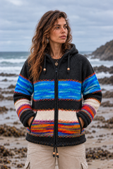 Woman weraing a knitted woolen hooded jacket with a vibrant blue, charcoal grey, cream and rainbow panels with rainbow cross stitch detail