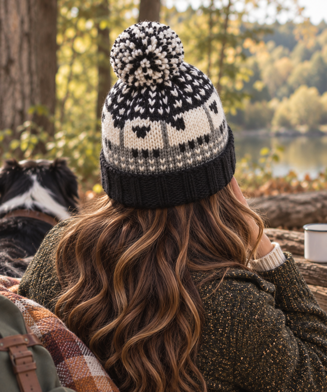 Grey, Cream & Black Sheep Wool Hat with Pom Pom - Fleece Lined