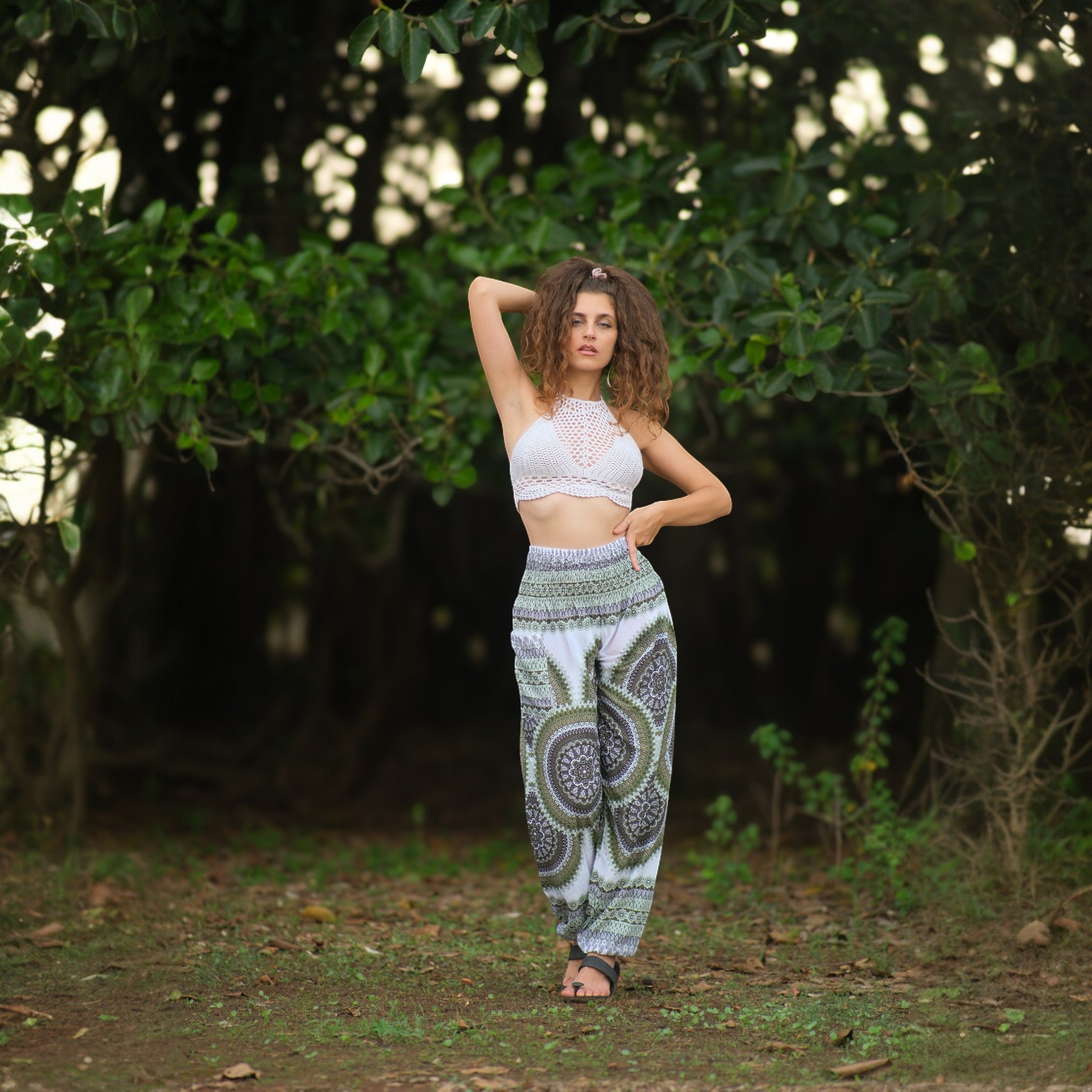 White Mandala High Cut Harem Pants - Green