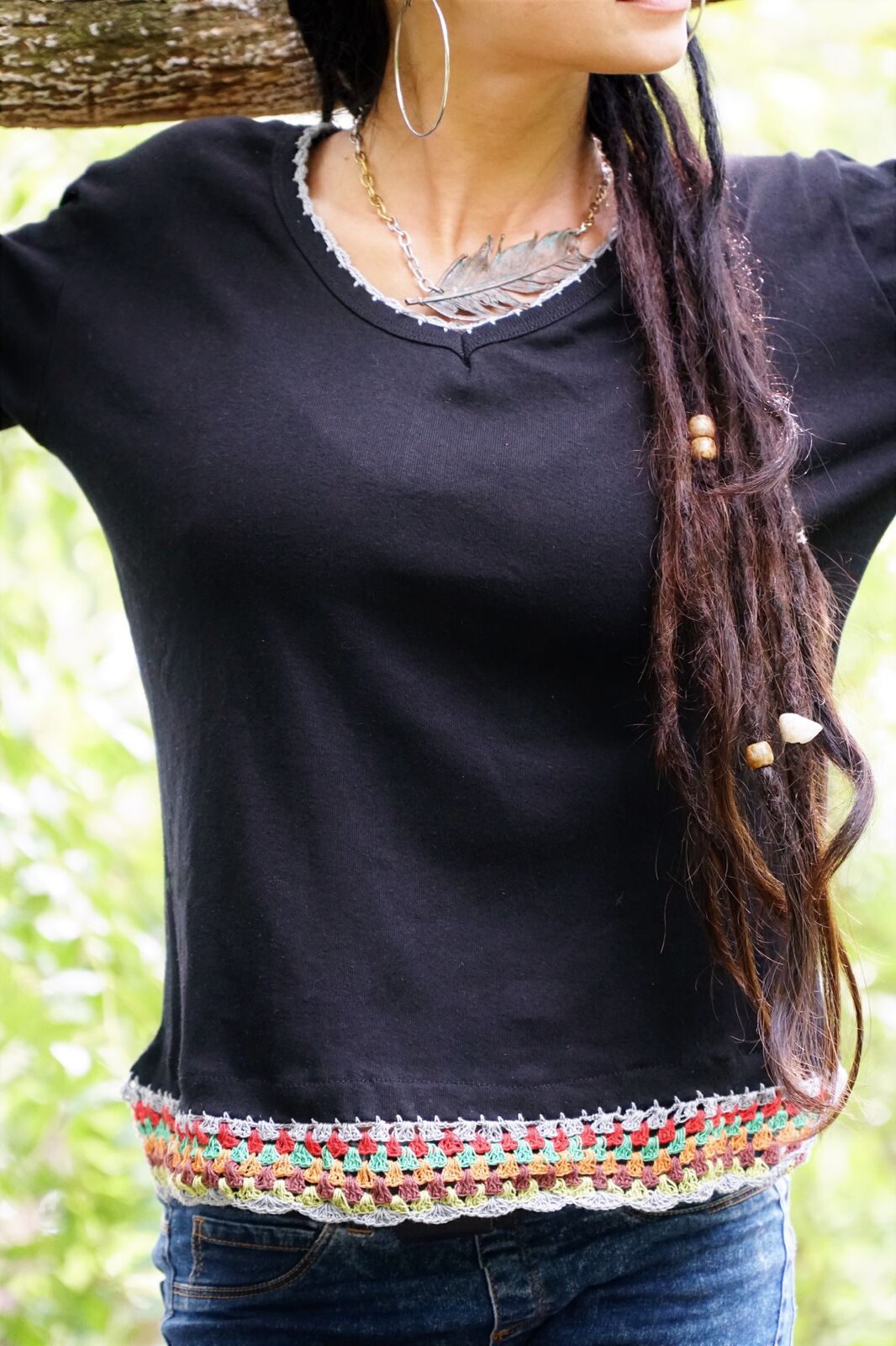 Long Sleeved Top with Colourful Crochet Design