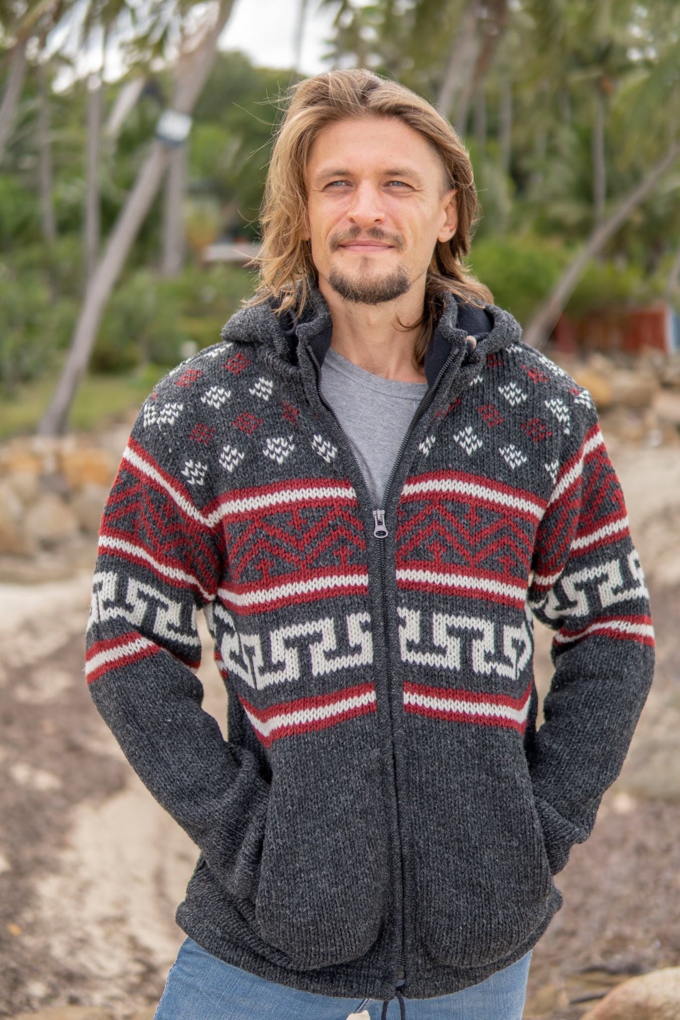 Wool Jacket - Aztec Pattern - Charcoal
