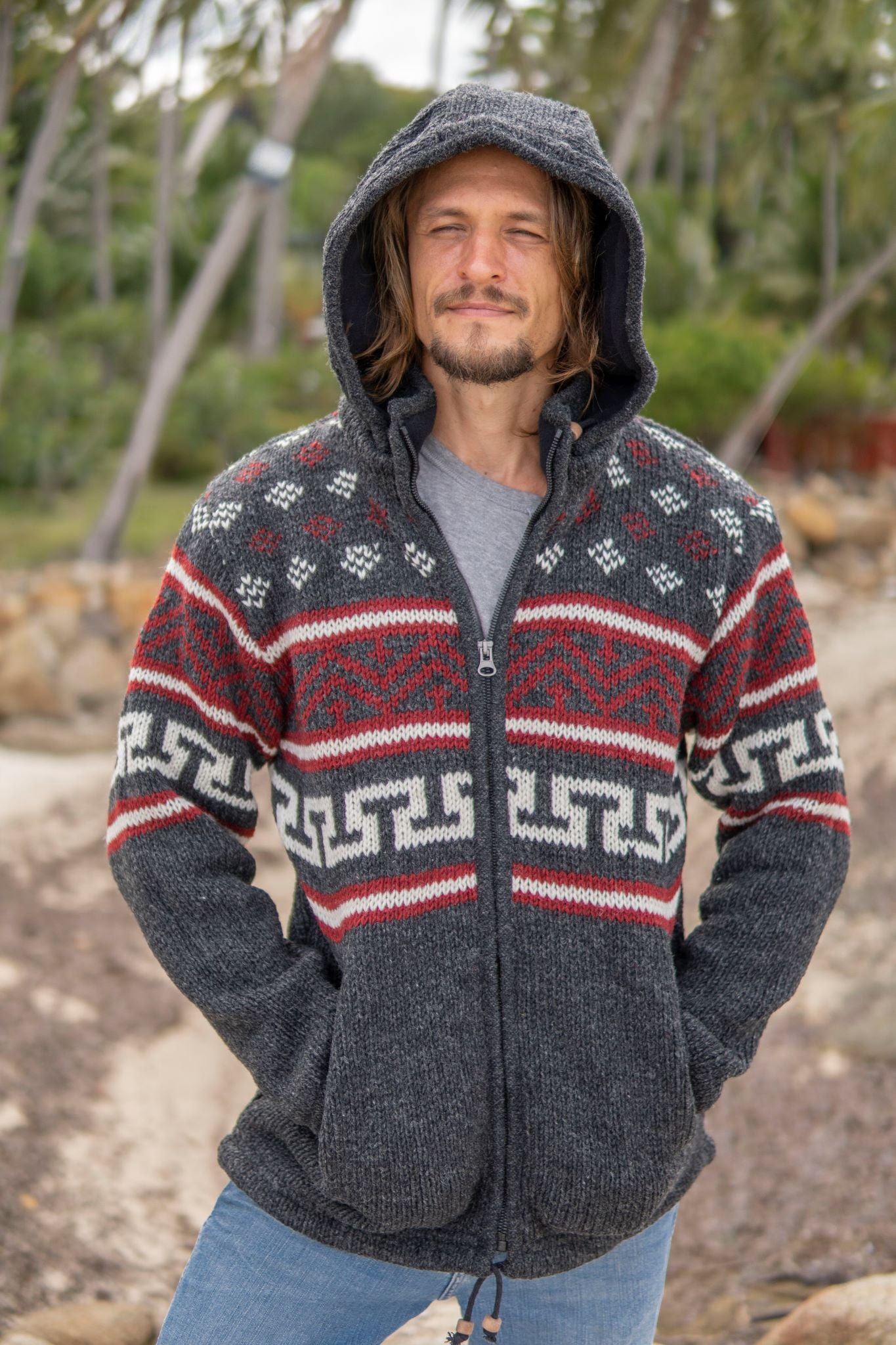 Wool Jacket - Aztec Pattern - Charcoal