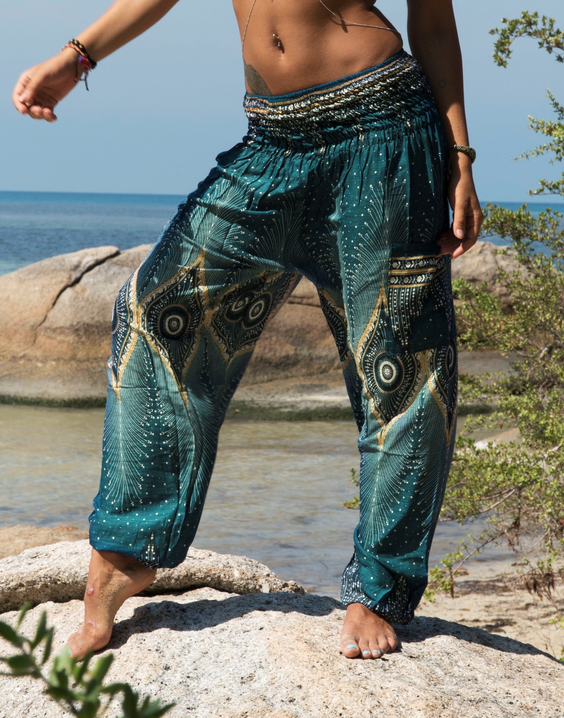 High Crotch Harem Pants - Diamond Peacock Feather - Teal