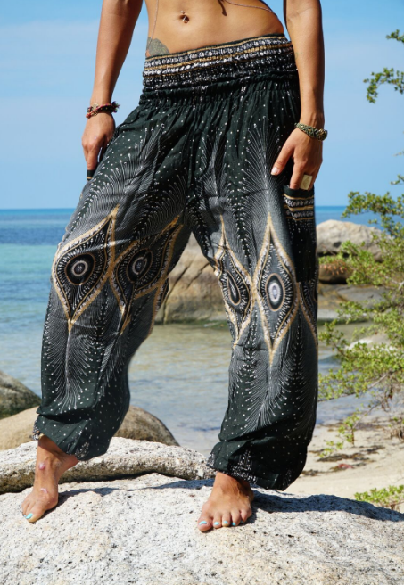 High Crotch Harem Pants - Diamond Peacock Feather - Green