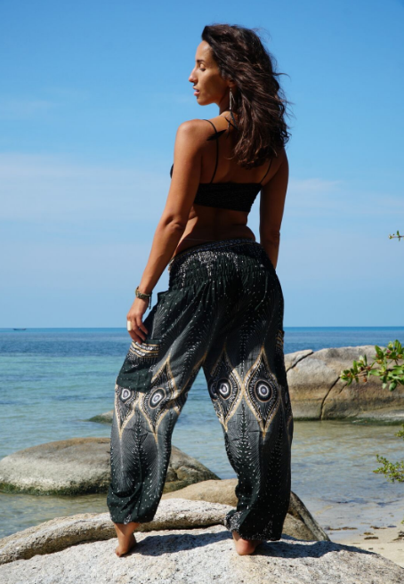 High Crotch Harem Pants - Diamond Peacock Feather - Green