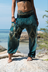 High Crotch Harem Pants - Diamond Peacock Feather - Teal