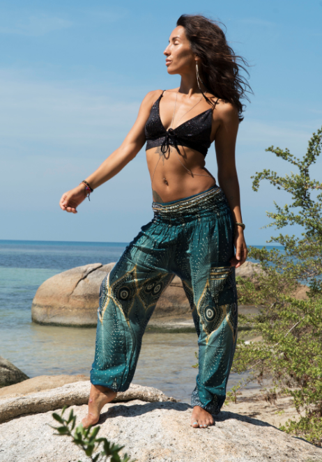 High Crotch Harem Pants - Diamond Peacock Feather - Teal