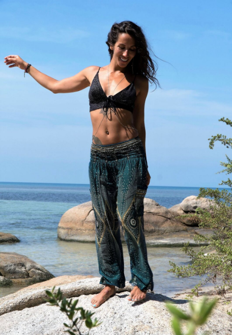 High Crotch Harem Pants - Diamond Peacock Feather - Teal