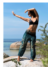 High Crotch Harem Pants - Diamond Peacock Feather - Teal