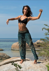 High Crotch Harem Pants - Diamond Peacock Feather - Teal