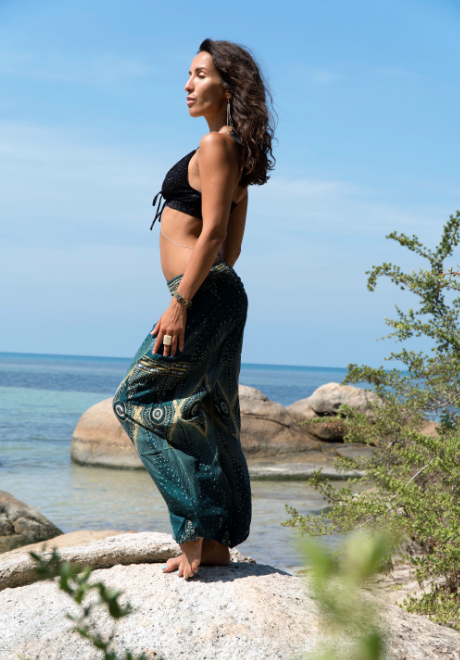 High Crotch Harem Pants - Diamond Peacock Feather - Teal